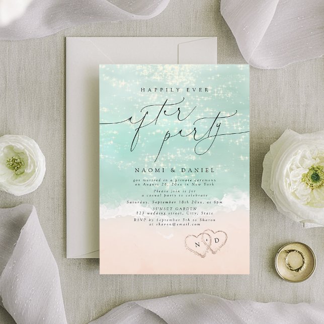 Modern manuell ljushet lyckligtvis allt efter Part Inbjudningar (Modern Script Sand Hearts Happily Ever After Party Invitation)