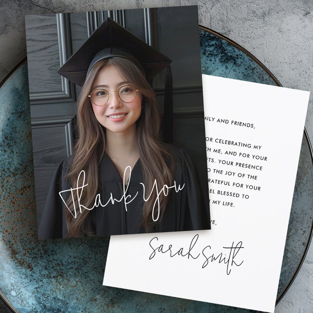 Modern manus - enkelt fotovit studenten tack kort (Modern script simple photo white graduation thank you card)