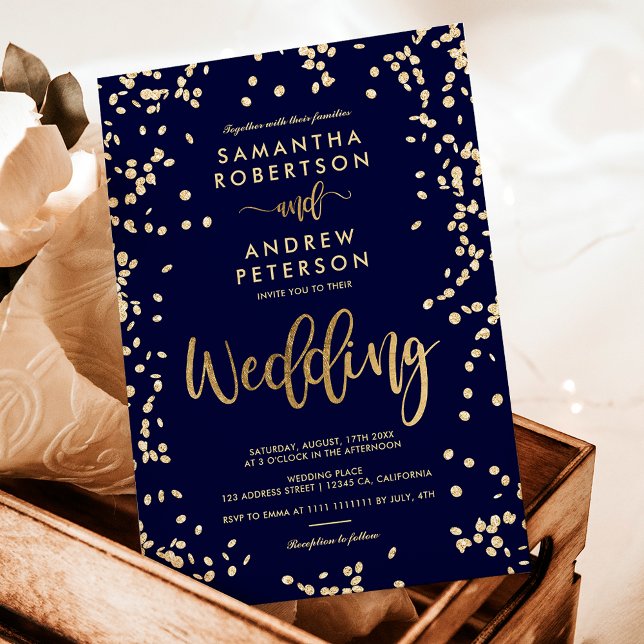 Modern manus faux guld konetti marblå bröllop inbjudningar (Modern script gold foil confetti navy blue wedding invitation)