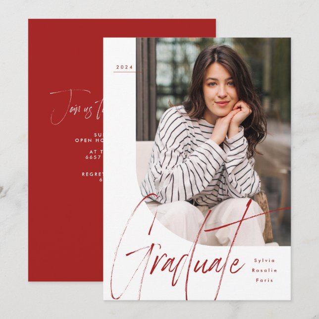 Modern manus student röd ett foto studenten inbjudningar (Fram/baksida)