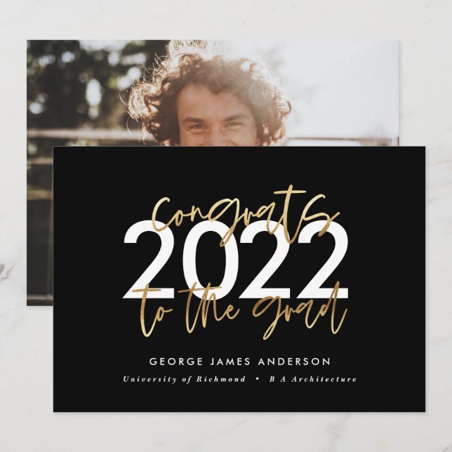 Modern manusbild för svart och guld, studenten inbjudningar (Fram/baksida)