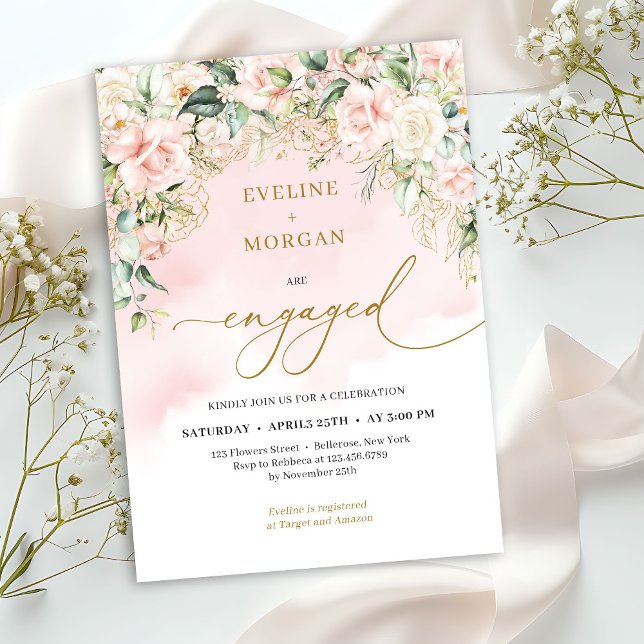 Modern manusboho  ro sage och guld inbjudningar (Elegant watercolor pale pink roses sage green and gold engagement invitation digital)