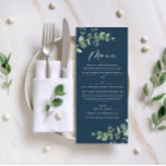 Modern marblå eukalyptus elegant bröllop meny<br><div class="desc">Fin,  delikat eukalyptus foliage bröllop-menyutformning. Modern elegant om trendsage-grönt,  svartvit,  marinblått och vitt snyggt-contemporary. Perfekt för vår,  sommar,  fall,  höst- eller vinterbröllop.</div>