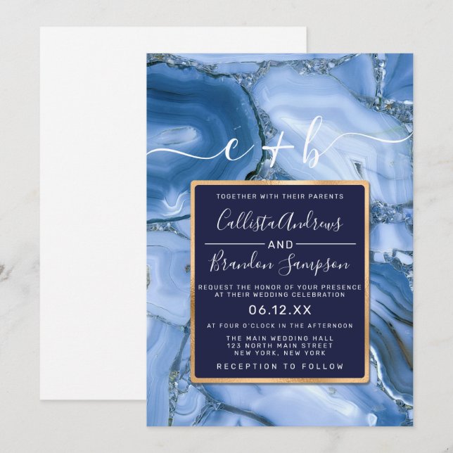 Modern marble Agate Monogram Bröllop Inbjudningar (Fram/baksida)