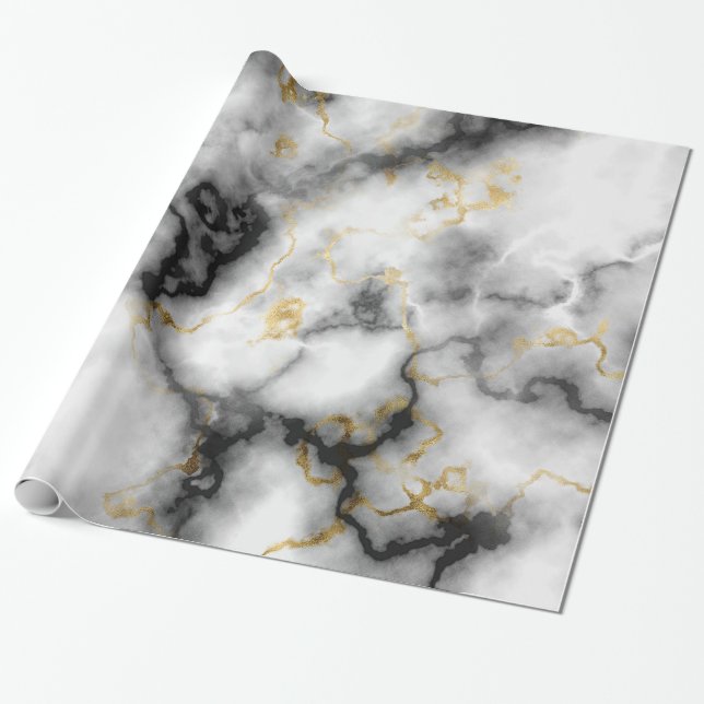Modern marble Black and White Guld Wrapping Pappra Presentpapper (Utrullad)