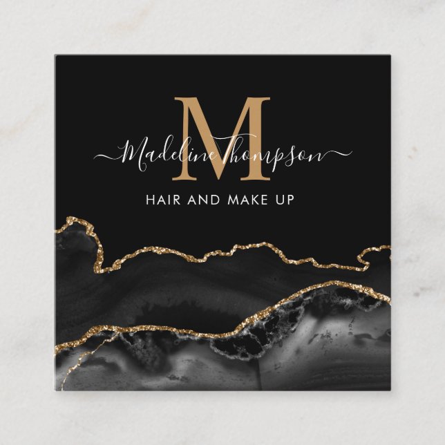 Modern Marble Black Guld Photo QR Code Monogram Fyrkantigt Visitkort (Framsida)