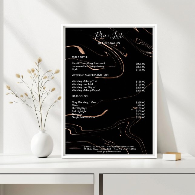 Modern Marble Black Rosegold Pricelist Poster (Skapare uppladdad)
