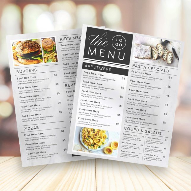 Modern Marble Black & White Restaurang Photo Menu (Skapare uppladdad)