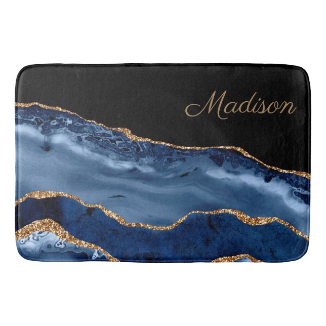 Modern marble Blue Guld Marble Glitter Monogram Badrumsmatta (Framsidan)
