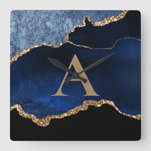 Modern marble Blue Guld Marble Glitter Monogram Fyrkantig Klocka (Framsida)