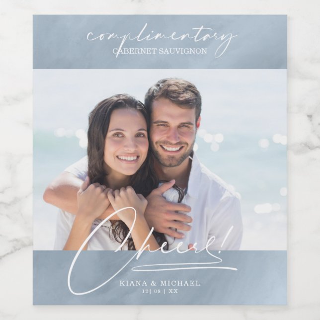Modern Marble Cheers Photo Dusty Blue ID816 Vinflaska Etikett (Singel etikett)