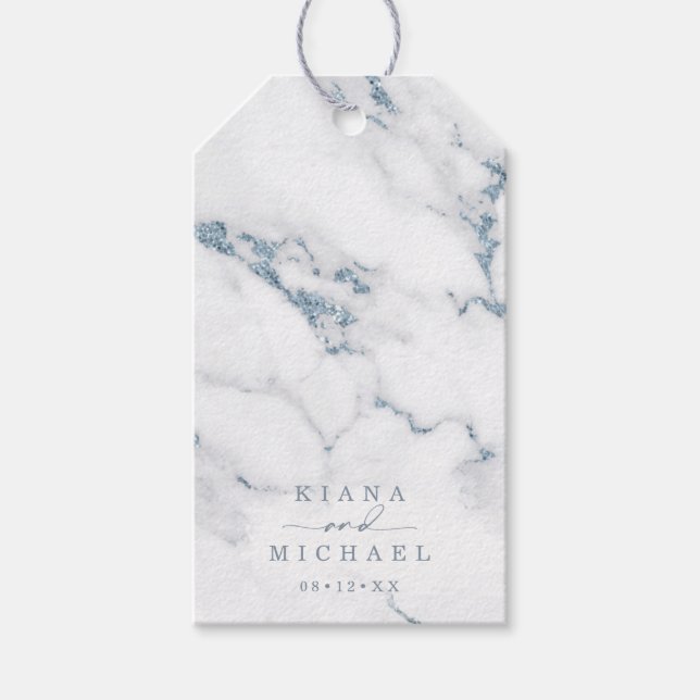 Modern Marble Glitter Bröllop Dusty Blue ID816 Presentetikett (Framsidan)