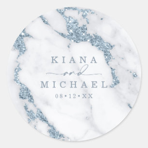 Modern Marble Glitter Bröllop Dusty Blue ID816 Runt Klistermärke