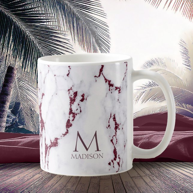 Modern Marble Glitter Monogram Burgundy ID816 Kaffemugg (Skapare uppladdad)
