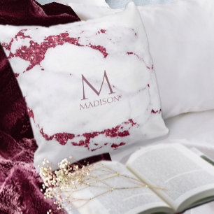 Modern Marble Glitter Monogram Burgundy ID816 Kudde