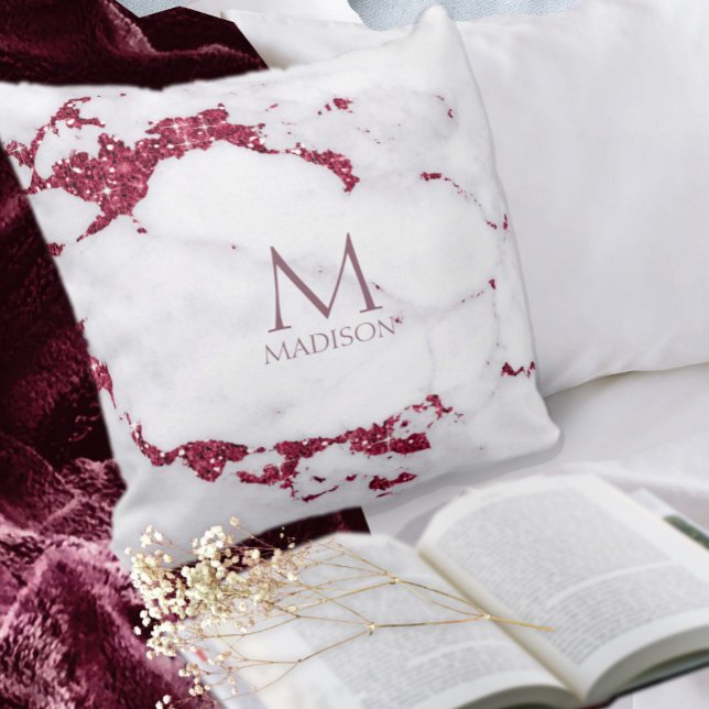 Modern Marble Glitter Monogram Burgundy ID816 Kudde (Skapare uppladdad)