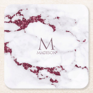 Modern Marble Glitter Monogram Burgundy ID816 Underlägg Papper Kvadrat