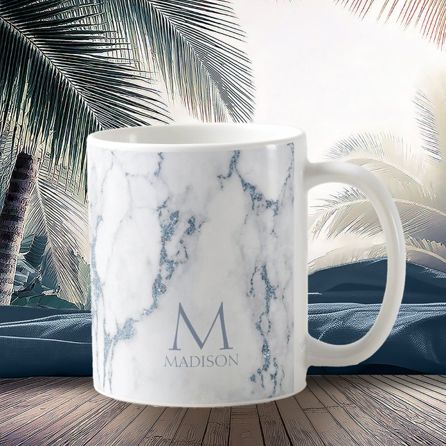Modern Marble Glitter Monogram Dusty Blue ID816 Kaffemugg (Skapare uppladdad)