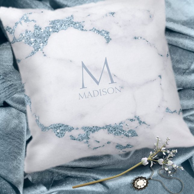Modern Marble Glitter Monogram Dusty Blue ID816 Kudde (Skapare uppladdad)
