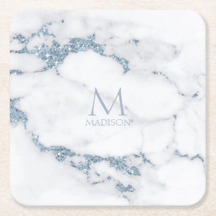 Modern Marble Glitter Monogram Dusty Blue ID816 Underlägg Papper Kvadrat