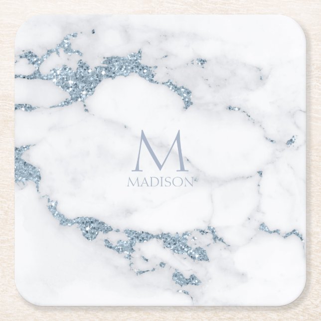 Modern Marble Glitter Monogram Dusty Blue ID816 Underlägg Papper Kvadrat (Framsidan)