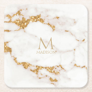 Modern Marble Glitter Monogram Guld ID816 Underlägg Papper Kvadrat