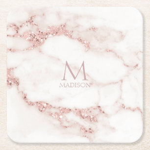 Modern Marble Glitter Monogram Ro Guld ID816 Underlägg Papper Kvadrat
