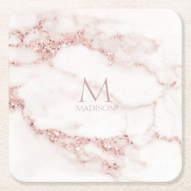 Modern Marble Glitter Monogram Ro Guld ID816 Underlägg Papper Kvadrat (Framsidan)