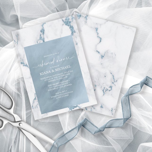 Modern marble Glitter Rehearsal Dinner Blue ID816 Inbjudningar (Front/Back In Situ)