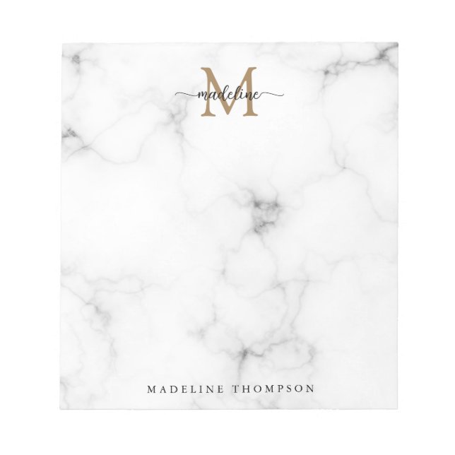 Modern Marble Gold Girly Script Monogram Anteckningsblock (Framsida)