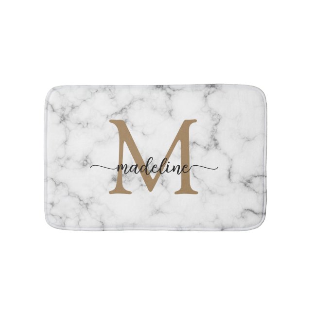 Modern Marble Gold Girly Script Monogram Badrumsmatta (Framsidan)
