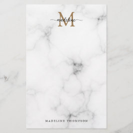 Modern Marble Gold Girly Script Monogram Brevpapper