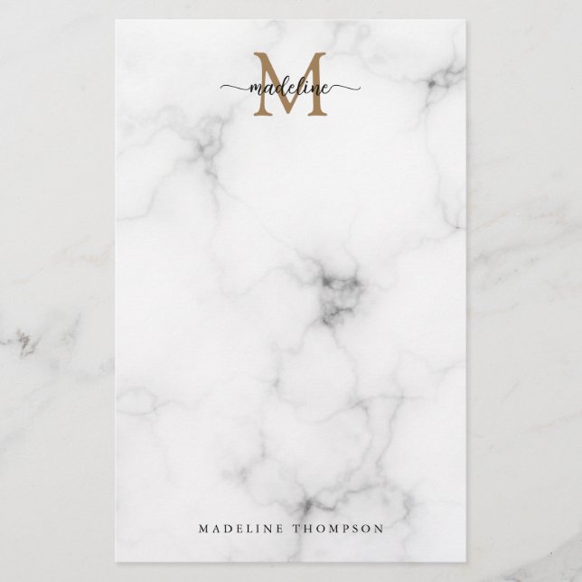 Modern Marble Gold Girly Script Monogram Brevpapper (Framsida)