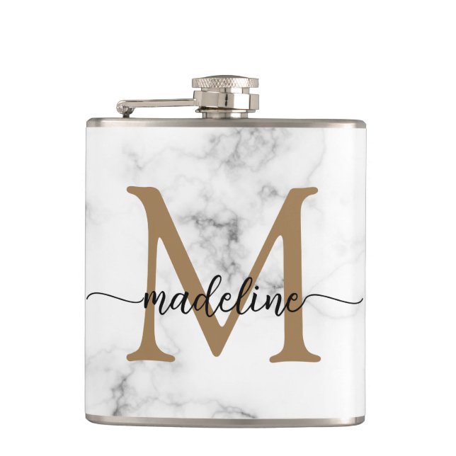 Modern Marble Gold Girly Script Monogram Fickplunta (Framsidan)