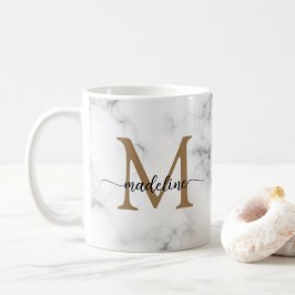 Modern Marble Gold Girly Script Monogram Kaffemugg