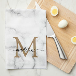 Modern Marble Gold Girly Script Monogram Kökshandduk