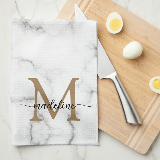 Modern Marble Gold Girly Script Monogram Kökshandduk (Vikt i Fjärdedel)