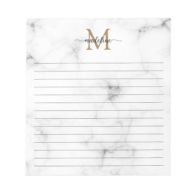 Modern Marble Gold Girly Script Monogram Lined Anteckningsblock (Framsida)