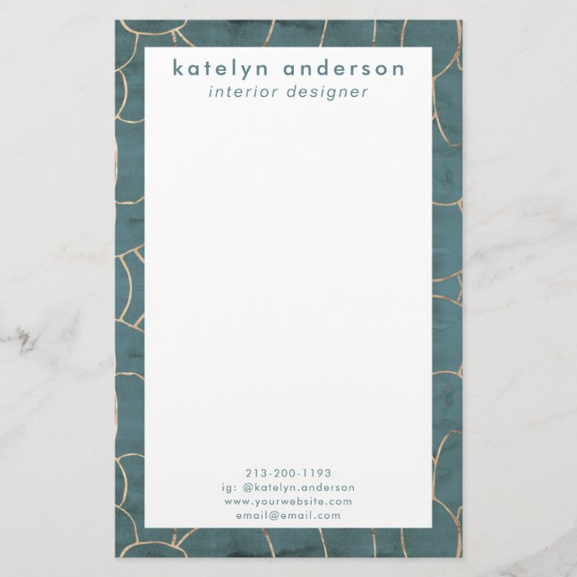 Modern Marble Guld Gemstone Teal Insida Designer Brevpapper (Framsida)