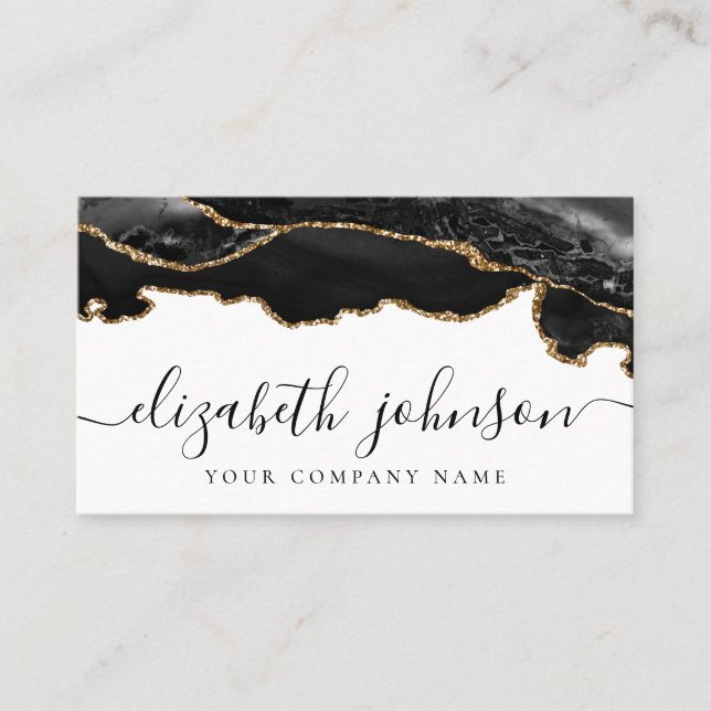 Modern marble Namnteckning Black Guld Glitter Agat Visitkort (Framsida)