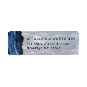 Modern marble Navy Blue Gold Foil Marble Watercolo Returadress Etikett