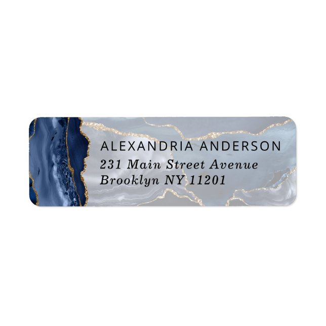 Modern marble Navy Blue Gold Foil Marble Watercolo Returadress Etikett (Framsidan)
