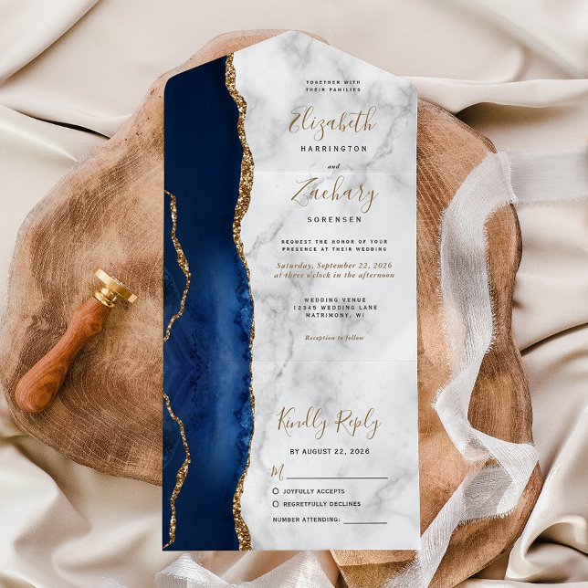 Modern marble Navy Blue Guld Agate Marble Bröllop (Skapare uppladdad)
