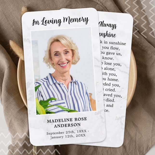 Modern marble Photo Sympathy Memorial Prayer Card (Skapare uppladdad)