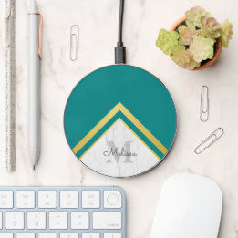 Modern Marble Teal Guld Chevron Namn Monogram