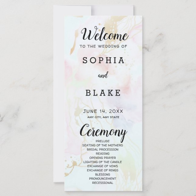 Modern Marble White Rosa Blue Bröllopsprogram (Framsida)