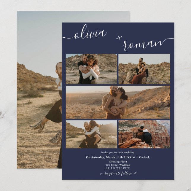 Modern marin blå 6-fodruteserver bröllop inbjudningar (Fram/baksida)