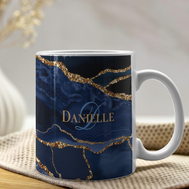 Modern marin blå agate Geode Monogram Kaffemugg (Skapare uppladdad)