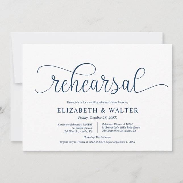 Modern marin blå, Bröllop Rehearsal och Middag Inbjudningar (Framsida)