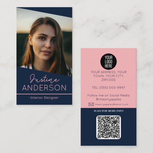 modern marin blå foto-logotyp QR-professionell Visitkort (Fram/baksida)